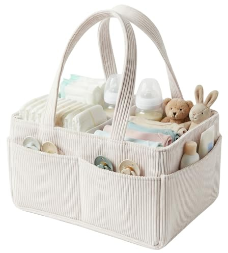 CBWERBB Baby Nappy Caddy Organiser,Portable Corduroy Nursery Diaper Storage Basket with Handle,Newborn Essentials Baby Shower Gifts,Nappy Caddy Storage Basket for Boys Girls (Beige)