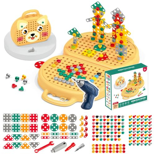 ZDETGU DIY-Werkzeugkasten-Set für mit Elektrischer Bohrmaschine und Schraubendreher, Konstruktionsspielzeug für Im Alter von 3–12 Jahren, Montessori-Baukasten für Feinmotorik, Rollenspiel, (Yellow)