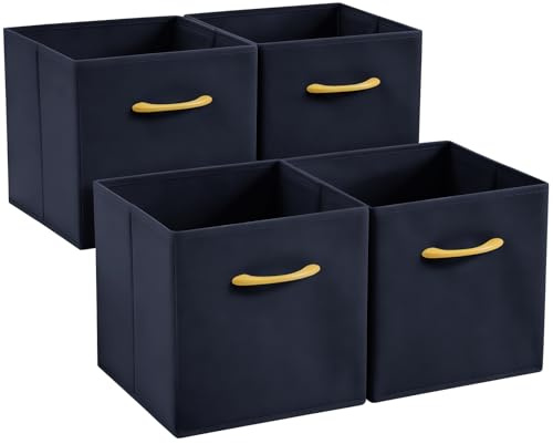 Hibtn Set of 4 Foldable Storage Box, Fabric with Handles Storage Cubes And Cloth Storage Organizer Drawer For Closet And Toys Storage,30 x 30 x 30 cm, Navy Blue