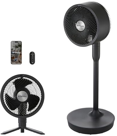 Dimplex DUOCOOL ventilador inteligente inalámbrico 2 en 1, de pie y mesa, batería 45h, 5 velocidades + turbo, alcance 20m, silencioso: 36dB, app, Google Home y Alexa, mando a distancia, negro