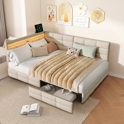 DAHUEN Polsterbett Schlafsofa 140x190 mit LED & Ladestation, Tagesbett Jugendbett mit 2 Schubladen, Eckbett Sofabett mit Lattenrost, 2 EU-Steckdosen, USB & Type-C, Leinen (Beige-D-140x190cm)