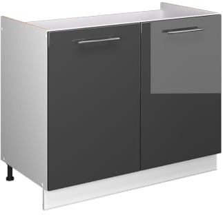 Vicco Spülenunterschrank Fame-Line, Anthrazit Hochglanz/Weiß, 100 cm | MDF-Front · Ohne Arbeitsplatte · Höhenverstellbare Füße · Metallgriffe · Soft-Close
