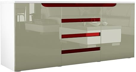 Vladon Sideboard Kommode Sylt V1, Made in Germany, Korpus in Weiß matt/Front in Sandgrau Hochglanz mit Absetzungen in Bordeaux Hochglanz (139 x 72 x 35)