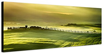 Augenblicke Wandbilder Keilrahmenbild Wandbild 150x50cm Landschaft Wiesen Dorf Bäume Sonnenaufgang