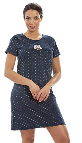 Camille Womens Nightdresses Smooth Soft 100% Cotton - Short Sleeved Breathable & Lightweight Summer Nighties - Blue owl - 14-16
