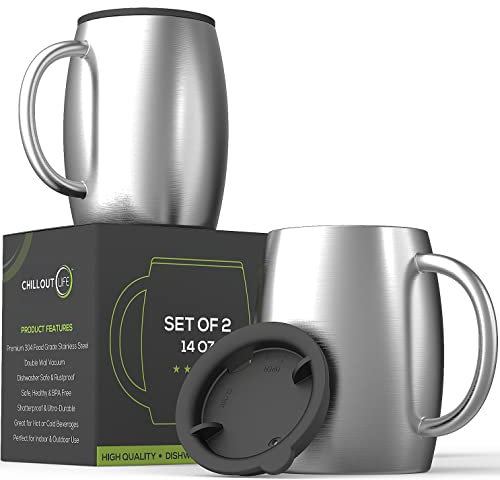 CHILLOUT LIFE Isolierte Kaffeebecher aus Edelstahl, 2er-Set (400 ml) – doppelwandige Kaffeetassen mit auslaufsicherem Deckel und starkem Griff, bruchsichere Becher für kalte Getränke und heiße