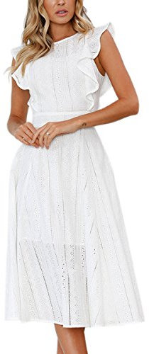 ECOWISH Womens Dresses Elegant Ruffles Cap Sleeves Summer A-Line Midi Dress White L