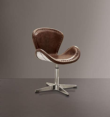 Benjara Leather Accent Chair with Swivel Retro Top Grain Leder Akzentsessel mit Drehgelenk, Metall, Braun und silberfarben, Brown