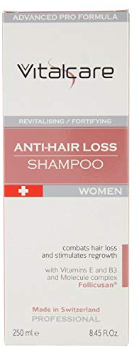 Vitalcare | Swiss – Shampoo gegen Haarausfall, für Damen, revitalisierendes und stärkendes Shampoo, gegen Haarausfall, mit Vitaminen E, B3 und Follicusan Molekülkomplex, 250 ml