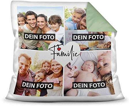 PR Print Royal Kissen mit Füllung - Fotocollage selbst gestalten mit Spruch - Familie - mit Vier eigenen Fotos - Geschenkidee Fotokissen - Farbkissen Rückseite Seegrün