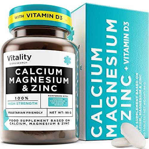 Calcium, Magnesium, Zinc and Vitamin D Supplement, Magnesium and Zinc for Brain & Immune System, Calcium Supplement for, Teeth, Cartilage & Bones, Vitamin D to Improve Mood - 60 Tablets