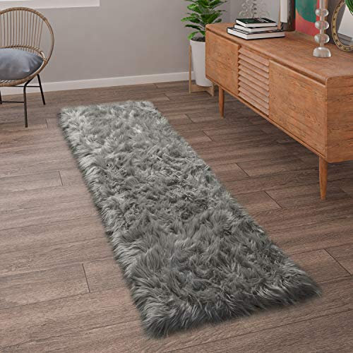 Paco Home Tappeto Salotto Pelliccia Finta Imitazione Pelo Lungo Cuscino Cuore Rotondo, Dimensione:50x150 cm, Colore:Antracite