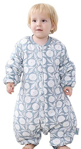 Chilsuessy Baby Winter Schlafsack mit Füßen, 100% Bio Baumwolle mit Naturfasern, 2.5 Tog Ganzjahres Kinder Schlafsack mit Beinen,abnehmbar Ärmel, Blau Pflanze, XXL/Baby Höhe 110-120cm