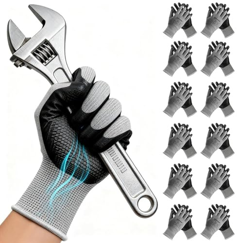 ANDANDA Men‘s Work Gloves with Nitrile Coating - Pack of 12 | Safety Gloves for Mechanics, Gardening & Logistics | Non-Slip Grip, Comfort Fit | Size M (Black)