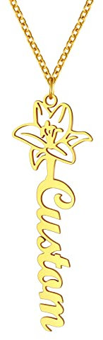 Collier Cadeau Maman Prénom Personnalisé Or Plaqué Pendentif Vertical Lys Fleur de Vie Fêtes des Mères Prenom des Enfants Graver Doré Femme Chaine Rolo Acier 40 cm Noel Fille Soeur Petite Amie