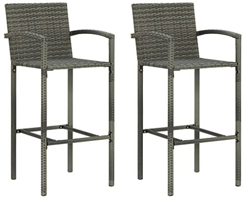 Makastle 2er-Set Barhocker Outdoor Barstuhl mit Fußstütze & Armlehne, Tresenhocker Bistrostuhl Thekenhocker Bar Stuhl Hocker für Outdoor Garten Terrasse, Poly-Rattan, Stahlgestell, Wetterfest, Grau