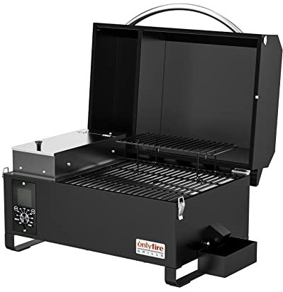 Onlyfire,Mesa de barbacoa para ahumador de pellets mejorada, portátil, 8 en 1, multifunción, para exteriores, parrilla, para caravana, sonda de carne y área de cocción de 2 niveles, color negro