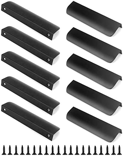 QWORK® 10PZS 150 mm Tiradores Armarios Curvas- Distancia del Orificio 128 mm - Tiradores Cocina de Estilo Moderno para Armarios, Cajones, Puertas de Muebles (Negro)