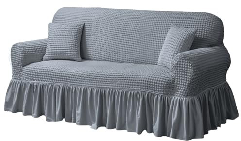 NAKIHOUSE Sofa Überwürfe Sofabezug 2 Sitzer Elastischer Silbergrau Couchbezug Sofahusse Antirutsch Sofabezüge Sofa Abdeckung Stretch Couch Überzug Sofa Hussen mit 1 Kissenbezug