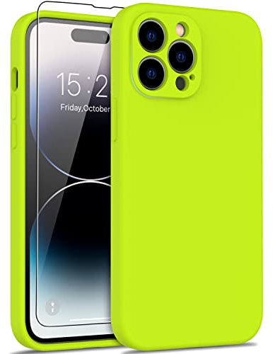 DEENAKIN iPhone 14 Pro Max Max Case with Screen Protector,Enhanced Camera Cover,16ft Drop Tested Soft Silicone Rubber,Slim Protective Phone Case for iPhone 14 Pro Max Max 6.7 Fluorescent Yellow