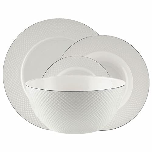 VILLA ITALIA Speiseeservice Porzellan für 6 Personen Geschirr Set - Tafelgeschirr - Teller tief - Desserteller - Servierplatte - Servierplatte - Salatschüssel - BARI PLATIN ES646