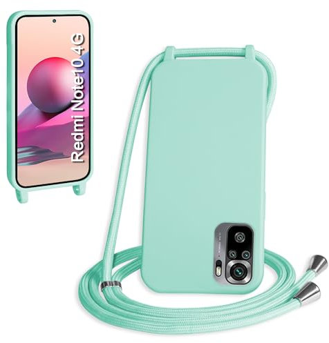 WenBaby Funda con Cuerda para Xiaomi Redmi Note 10S/Note 10 4G, Líquida Silicona Carcasa con Cordón Ajustable Collar Correa de Cuello, Cubierta Prueba Golpes con Microfibra Forro (Verde Menta)