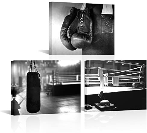RnnJoile 3-teiliges Boxen auf Leinwand, Wandkunst, Fitnessstudio, Bilder für Zuhause, Wanddekoration, schwarz-weiß, Gemälde, Kunstwerk, gerahmt, 30,5 x 40,6 cm (klein)