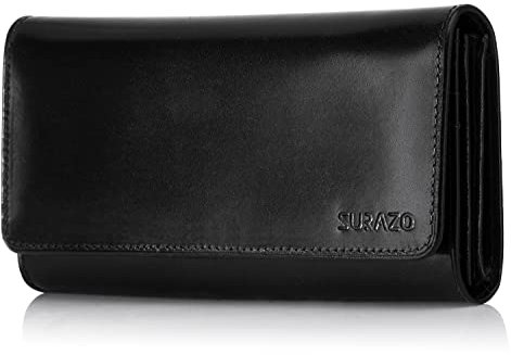 SURAZO® Leder Geldbörse Damen Gross viele fächer - Portemonnaie Damen groß mit 12 Kartenfächern [RFID Schutz] Leder Geldbeutel Brieftasche Frauen, Women Wallet Flip Portmonee (Schwarz)