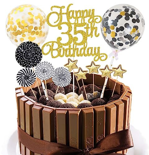 Jxuzh 35. Geburtstag Glitter Cake Topper - Schwarz & Gold für Männer & Frauen - Happy Birthday 35 Jahre Kuchen Deko