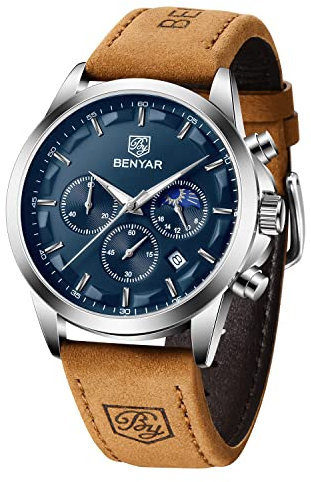 BENYAR Herren Uhr Chronograph Wasserdicht Leuchtende Lederband Armbanduhr Herrenuhren Elegantes Geschenk für Männer