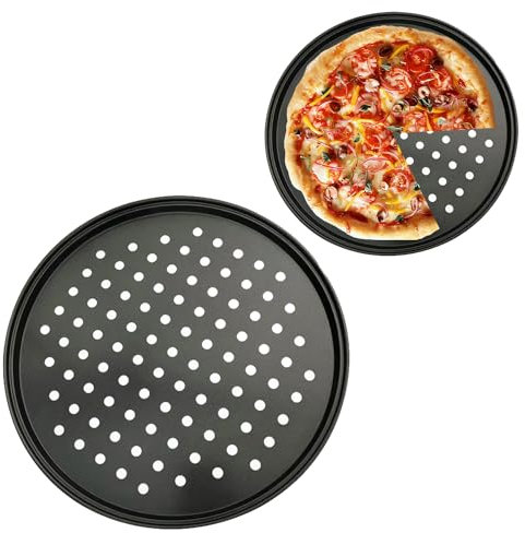 Tissting Pizzablech Gelocht 32cm Runde Perforierte Pizzaform Schwarz Karbonstahl Antihaftbeschichtet Leicht Entformbare Pizza Backblech Kuchenblech für Pizza Pie Flammkuchen