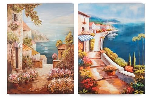 Weltbild Ölbilder Meerblick und Uferpromenade 2er-Set Unikat-Wandbilder mit mediterranen Küstenmotiven, 50 x 70 cm