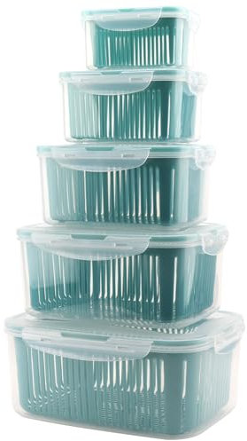 MOUYAT 5 Pack Fridge Storage Containers, Stackable Fruit Vegetable Freezer Storage Boxes with Drain Baskets, Plastic Food Containers with Lids for Freezer, Cabinets, Pantry