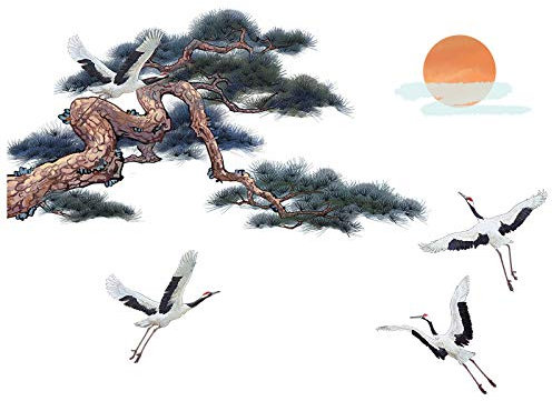 COVPAW Wandtattoo Natur Kraniche Kiefer Sonne Chinesisch Malerei Wohnzimmer Wandaufkleber Schlafzimmer Japanisch Wandsticker Kinderzimmer Küche Büro Wanddekoration