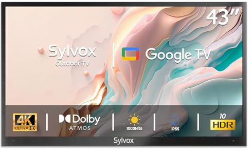 SYLVOX 43 Pouces TV Extérieur, Smart Google Télévision Étanche IP55, 4K UHD 1000 Nits, DVB-T2/S2/C, HBBTV, WiFi, Google Assistant, Outdoor Téléviseur pour Pool, Jardins, Terrasse (Deck Pro 2.0)