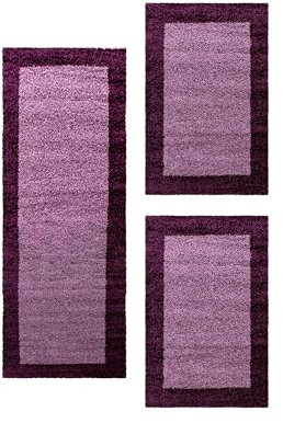 Carpetsale24 Bettumrandung Schlafzimmer 3 teilig Shaggy Hochflor Teppich Lila Bettvorleger Schlafzimmer Bettset: 2 St. 60x110 cm | 1 St. 80x250 cm - Teppich Läufer Set Bordüre Design