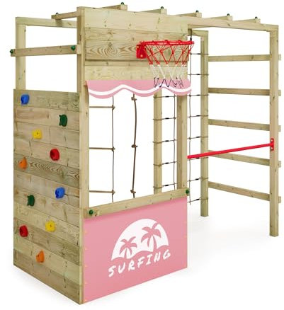 WICKEY Aire de Jeux Smart Action portique en Bois avec bâche, Tour d'escalade pour Enfants avec Panier de Basket-Ball, échelle et Accessoires de Jeu pour Le Jardin - Rose Pastel