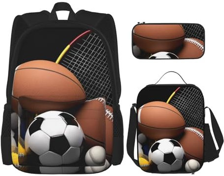OUSIKA 3 Pcs Sports Themed Print Backpack Sets Casual Daypack with Lunch Box Pencil Case for Women Men
