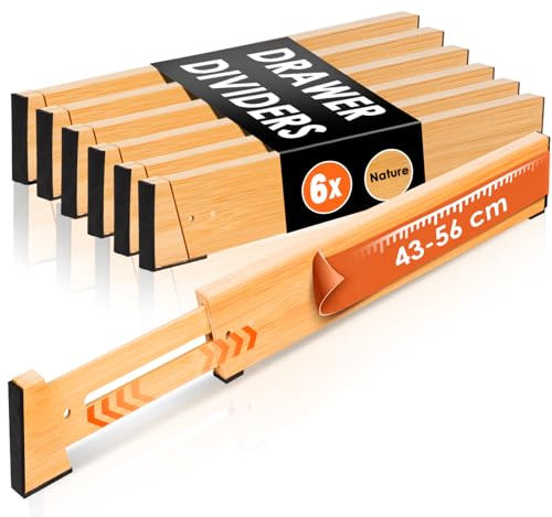 MUUKAIII Schubladentrenner Verstellbar (43-56 cm, 6 cm Hoch) 6er-Set Schubladen Organizer Küche, Schubladenteiler Bambus mit Anti-Rutsch Pads, Trenner für Schubladen Ordnungssystem, Natur