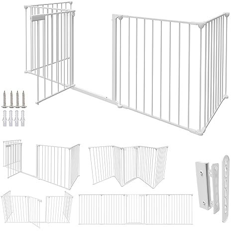 Fiqops Kaminschutzgitter mit Tür 310 cm Metall Ofenschutzgitter Laufstall Absperrgitter mit Sicherheitstür Tierschutzgitter für Kinder-Sicherung, Weiß 5-teilig Elemente (je 66 x 75 cm)