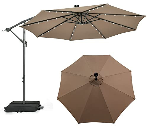COSTWAY Sombrilla Terraza Exterior con Base, Parasol Excentrico 3x3 con 40 Luces LED, Sombrilla Jardin Inclinable con Manivela, Patio, Jardín, Terraza, Piscina, Playa (café)