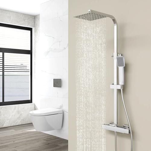 AICA Système de douche thermostatique avec pomme de douche en acier inoxydable 20X20CM, colonne de douche carrée,meuble salle de bain,réglable en hauteur 800-1200mm