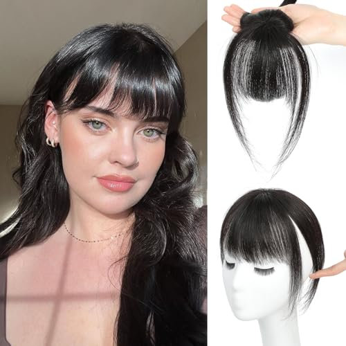 Fine Flus Clip in Pony Haarteil, 100% Remy Echthaar Fringe Bangs Hair Clip in Pony with Tempel Haarteile Echthaar Haarverlängerung für Frauen tägliche Tragen-Natürliches Schwarz