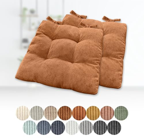 Lsjoaw 2er Set Sitzkissen 40x40x6cm Polster Auflage Gemütliche Stuhlkissen mit Bindebänder Sitzpolster Stuhlauflage Sitzpolster für Gartenstuhl Küche oder Esszimmer Quadrat Cordstoff Dunkelorange