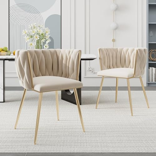 AUKWIK Esszimmerstühle 2er Set Polsterstuhl Wohnzimmer-Sessel Samt Samtrücken und Sitzkissen Metallbeine Moderner Küchenstuhl, Stuhl Esszimmer, Beige