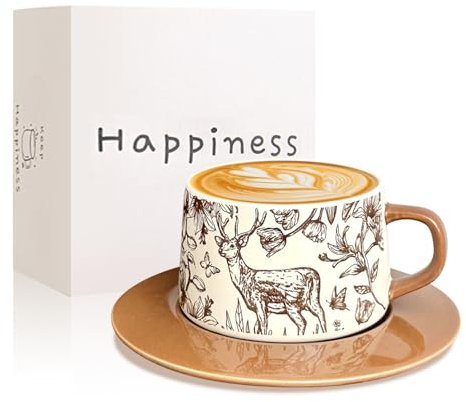 Daity Kaffeetassen mit Untertassen vintage 260ML Keramik Tasse mit Hirsch Muster Espressotassen Set ideal für Kaffee Tee Cappuccino