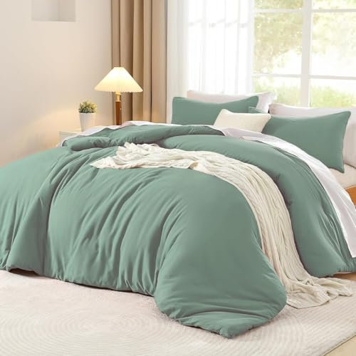 Luofanfei Housse de Couette Coton 220x240 Vert Sauge Adulte Ado Uni 2 Personnes Parure de Lit Unie en Coton Housse Couette 240x220 Linge de Lit avec Fermeture éclair et 65x65cm Taies d'oreiller