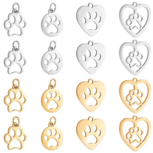 PH PandaHall 16 stücke Hund Pfote Druck Charm Anhänger Herz Edelstahl Anhänger 4 Stil Tierfußabdruck Anhänger Aus Hohlem Metall Zur Schmuckherstellung.