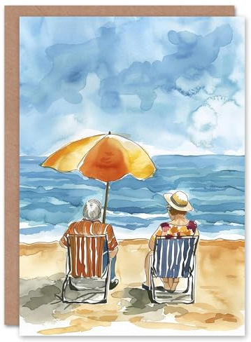 Artery8 Elderly Couple Day At The Beach Watercolour Blank For Him Or Her Art Birthday Card
