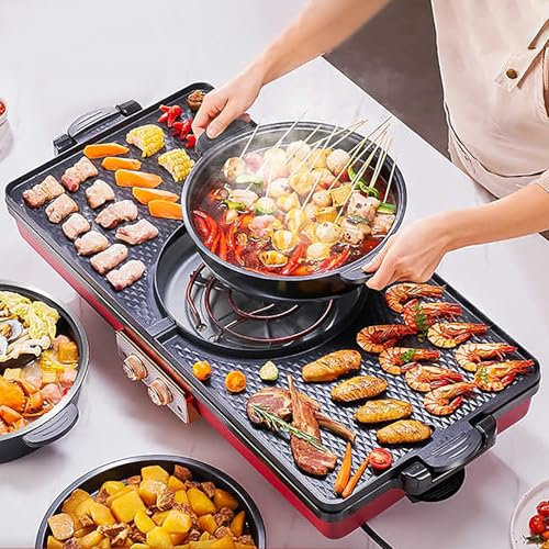 Griglia Elettrica, Griglia for Barbecue Separabile da 2700 W E Pentola Calda, Griglia Elettrica Multifunzionale con Doppio Controllo della Temperatura, con Rivestimento Antiaderente(Black)